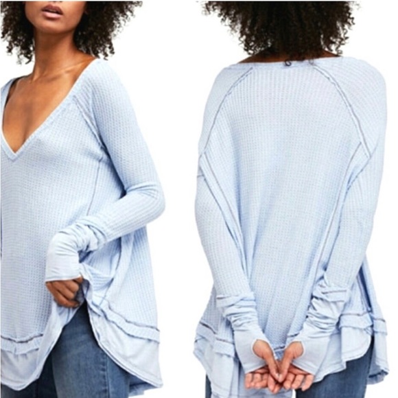 We The Free Pastel Blue V-Neck Waffle Knit Thermal Swing Tee T-Shirt Top - Picture 2 of 11